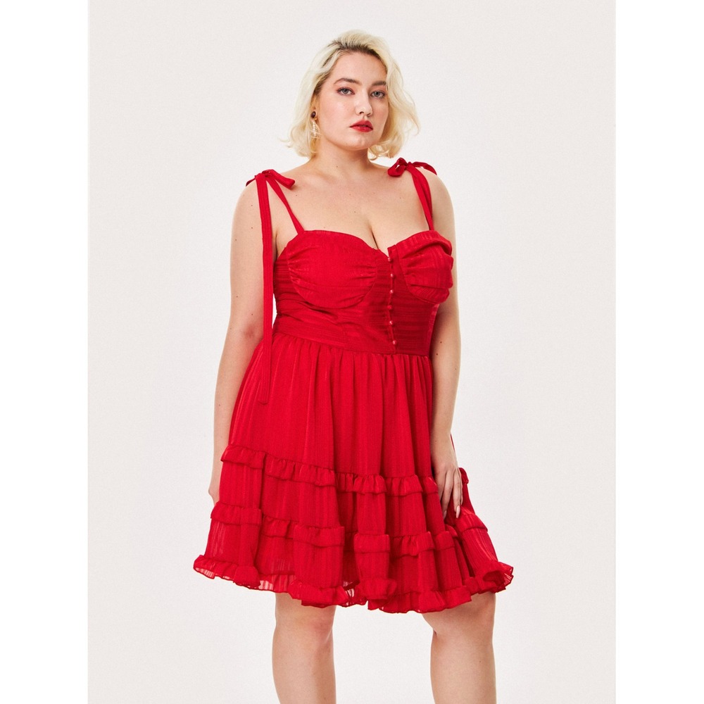 Cider Red Tiered Ruffle Mini Dress Sweetheart Tie Shoulder 2XL Coquette Romantic